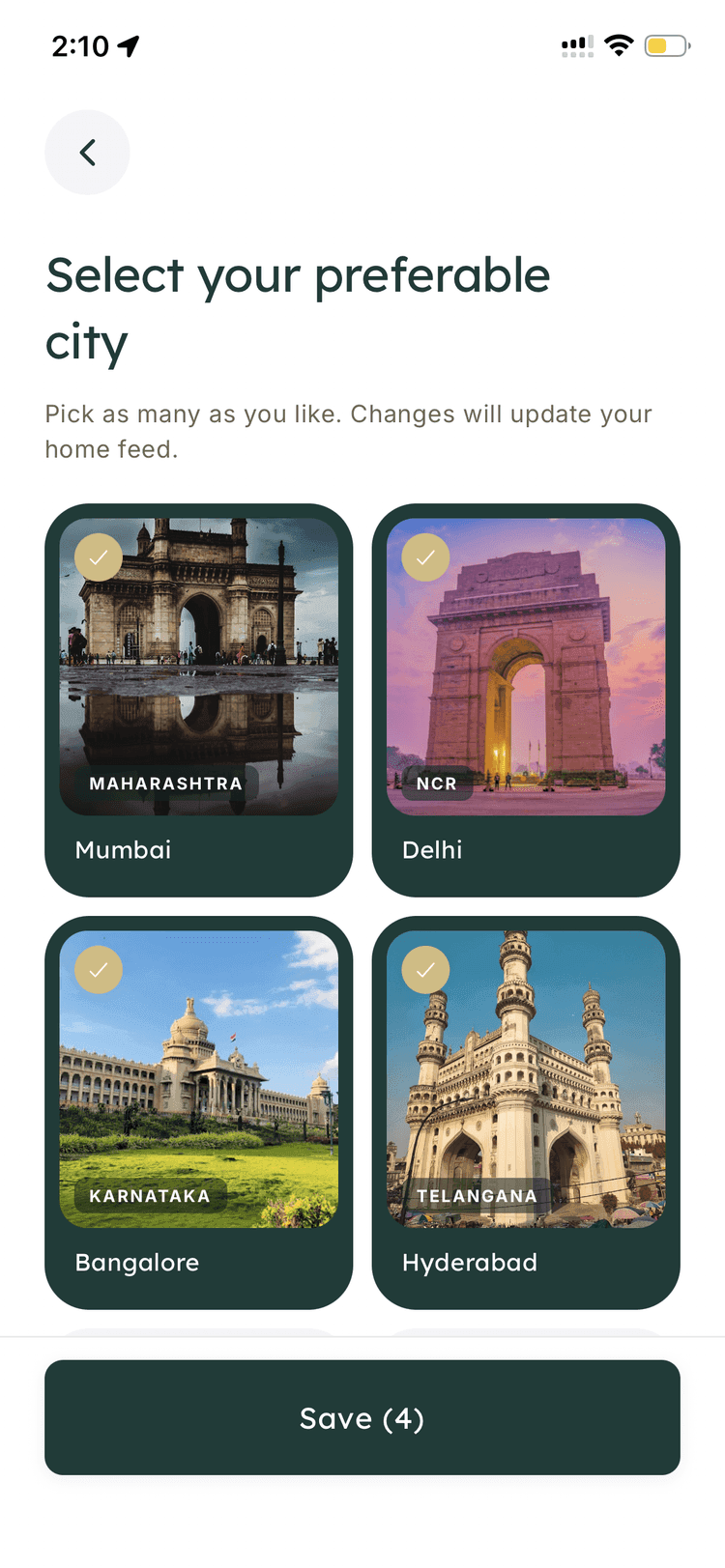Choose your cities — 27 Estates app personalisation